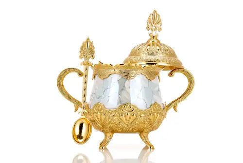 Porselenli Yuvarlak Kaşıklı Sunum Hediyelik Mavi Desenli Gold Renk - 3