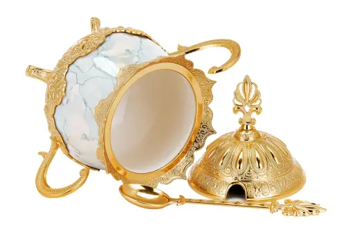 Porselenli Yuvarlak Kaşıklı Sunum Hediyelik Mavi Desenli Gold Renk - 4