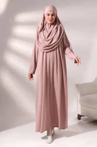 Practical One-Piece Prayer Dress and Prayer Rug Set with Headscarf, Dusty Rose - 4