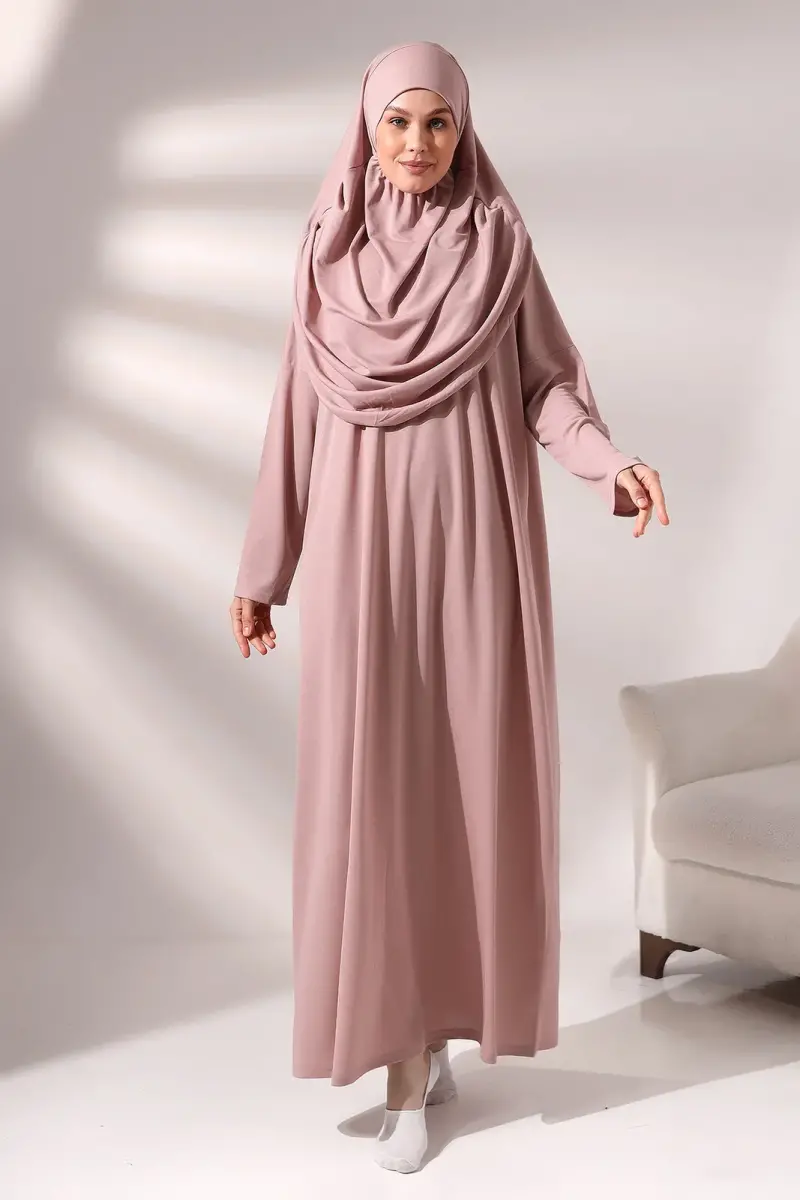 Practical One-Piece Prayer Dress and Prayer Rug Set with Headscarf, Dusty Rose - 4