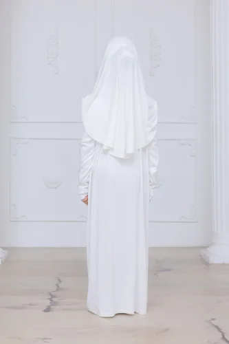 Pratik Başörtülü Çocuk Namaz Elbisesi, Tek Parça Çocuk Namaz Kıyafeti Beyaz - 7