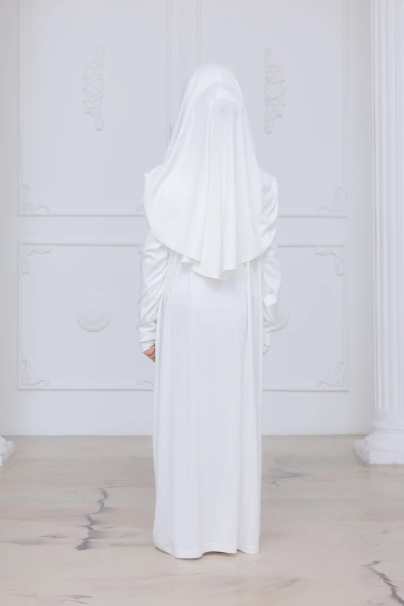 Pratik Başörtülü Çocuk Namaz Elbisesi, Tek Parça Çocuk Namaz Kıyafeti Beyaz - 7