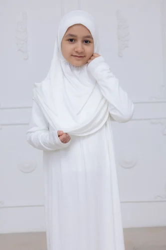 Pratik Başörtülü Çocuk Namaz Elbisesi, Tek Parça Çocuk Namaz Kıyafeti Beyaz - ihvanonline (1)