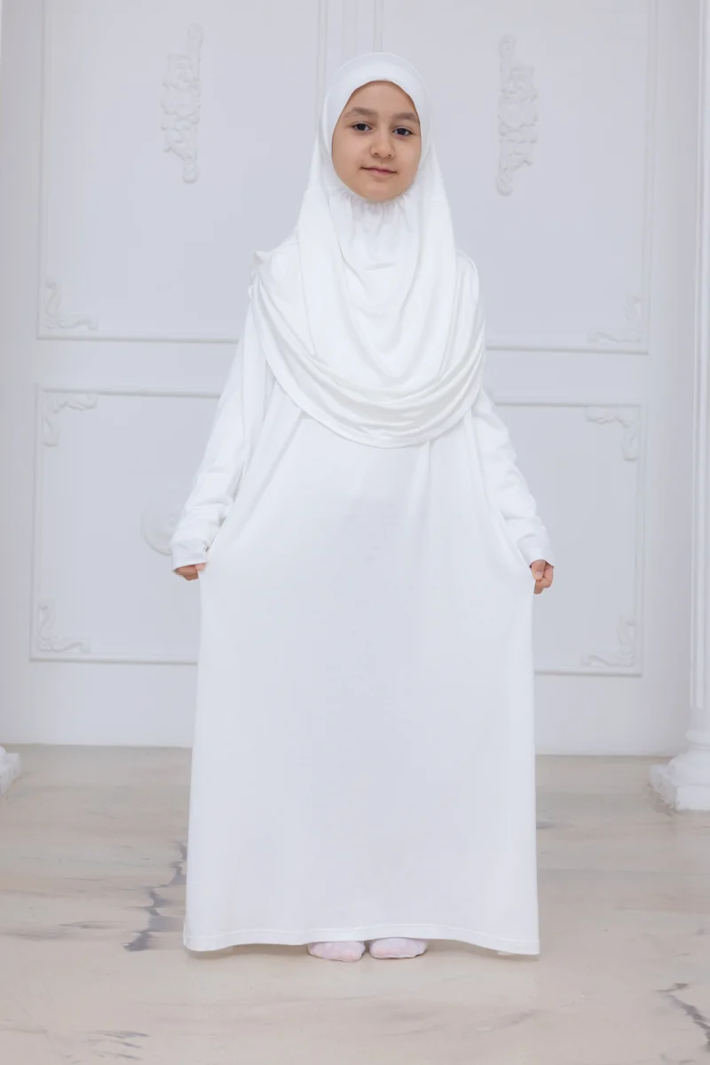 Pratik Başörtülü Çocuk Namaz Elbisesi, Tek Parça Çocuk Namaz Kıyafeti Beyaz - 3
