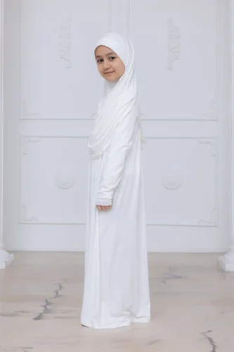 Pratik Başörtülü Çocuk Namaz Elbisesi, Tek Parça Çocuk Namaz Kıyafeti Beyaz - 5