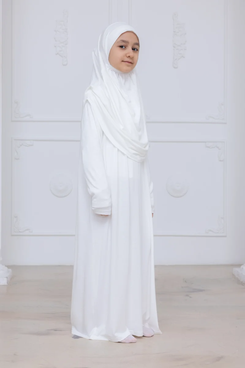 Pratik Başörtülü Çocuk Namaz Elbisesi, Tek Parça Çocuk Namaz Kıyafeti Beyaz - 6