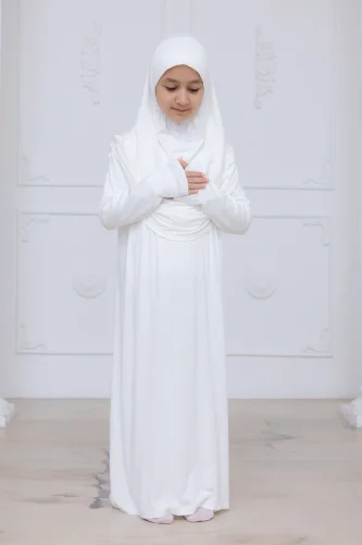 Pratik Başörtülü Çocuk Namaz Elbisesi, Tek Parça Çocuk Namaz Kıyafeti Beyaz - 4