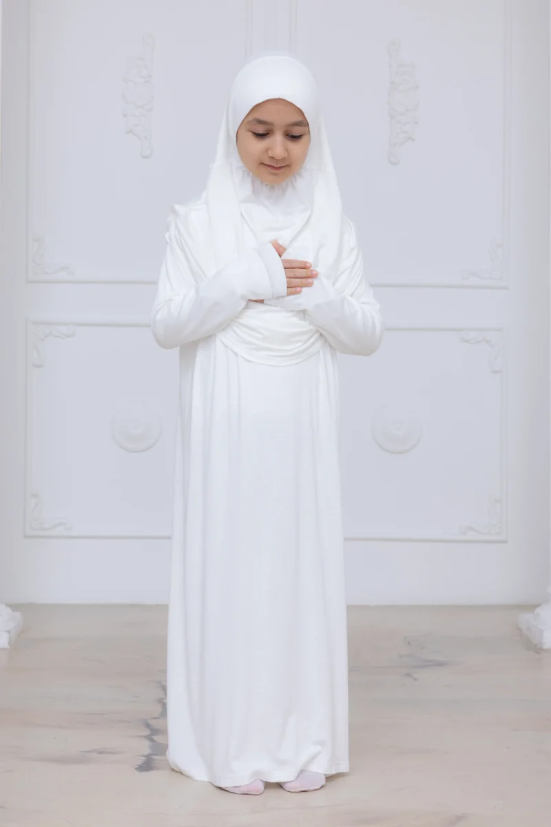 Pratik Başörtülü Çocuk Namaz Elbisesi, Tek Parça Çocuk Namaz Kıyafeti Beyaz - 4