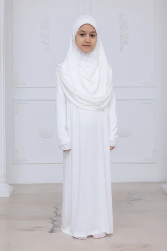 Pratik Başörtülü Çocuk Namaz Elbisesi, Tek Parça Çocuk Namaz Kıyafeti Beyaz - 8