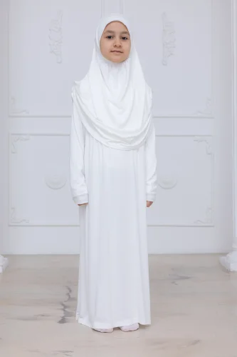 Pratik Başörtülü Çocuk Namaz Elbisesi, Tek Parça Çocuk Namaz Kıyafeti Beyaz - 9
