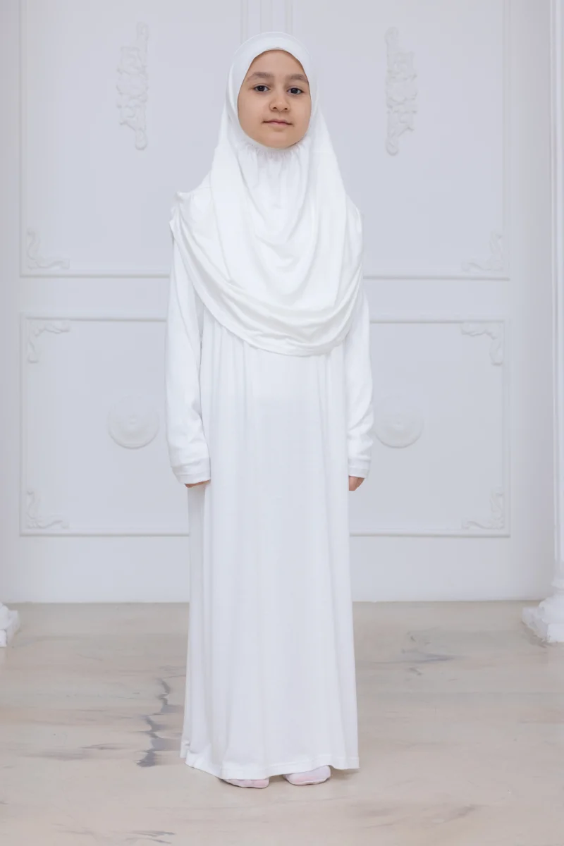 Pratik Başörtülü Çocuk Namaz Elbisesi, Tek Parça Çocuk Namaz Kıyafeti Beyaz - 9