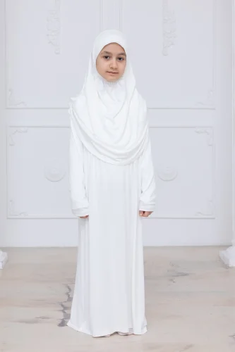 Pratik Başörtülü Çocuk Namaz Elbisesi, Tek Parça Çocuk Namaz Kıyafeti Beyaz 