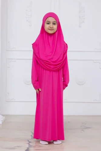 Pratik Başörtülü Çocuk Namaz Elbisesi, Tek Parça Çocuk Namaz Kıyafeti Fuşya 