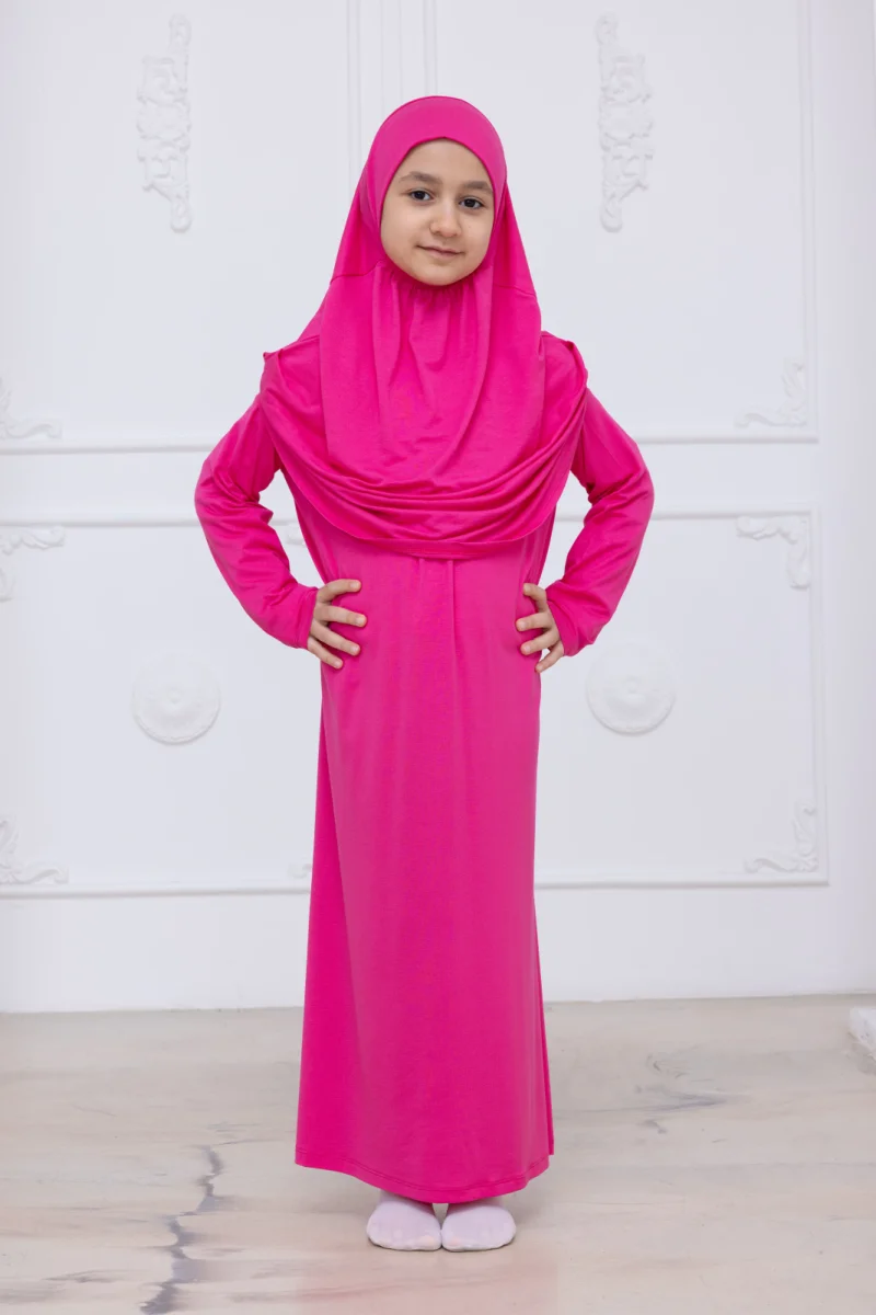 Pratik Başörtülü Çocuk Namaz Elbisesi, Tek Parça Çocuk Namaz Kıyafeti Fuşya - 2