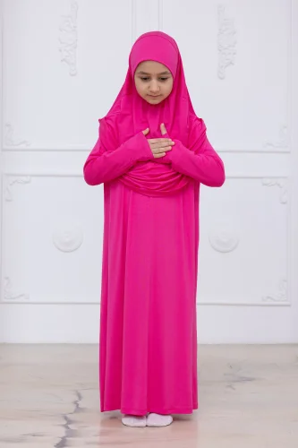 Pratik Başörtülü Çocuk Namaz Elbisesi, Tek Parça Çocuk Namaz Kıyafeti Fuşya - 3