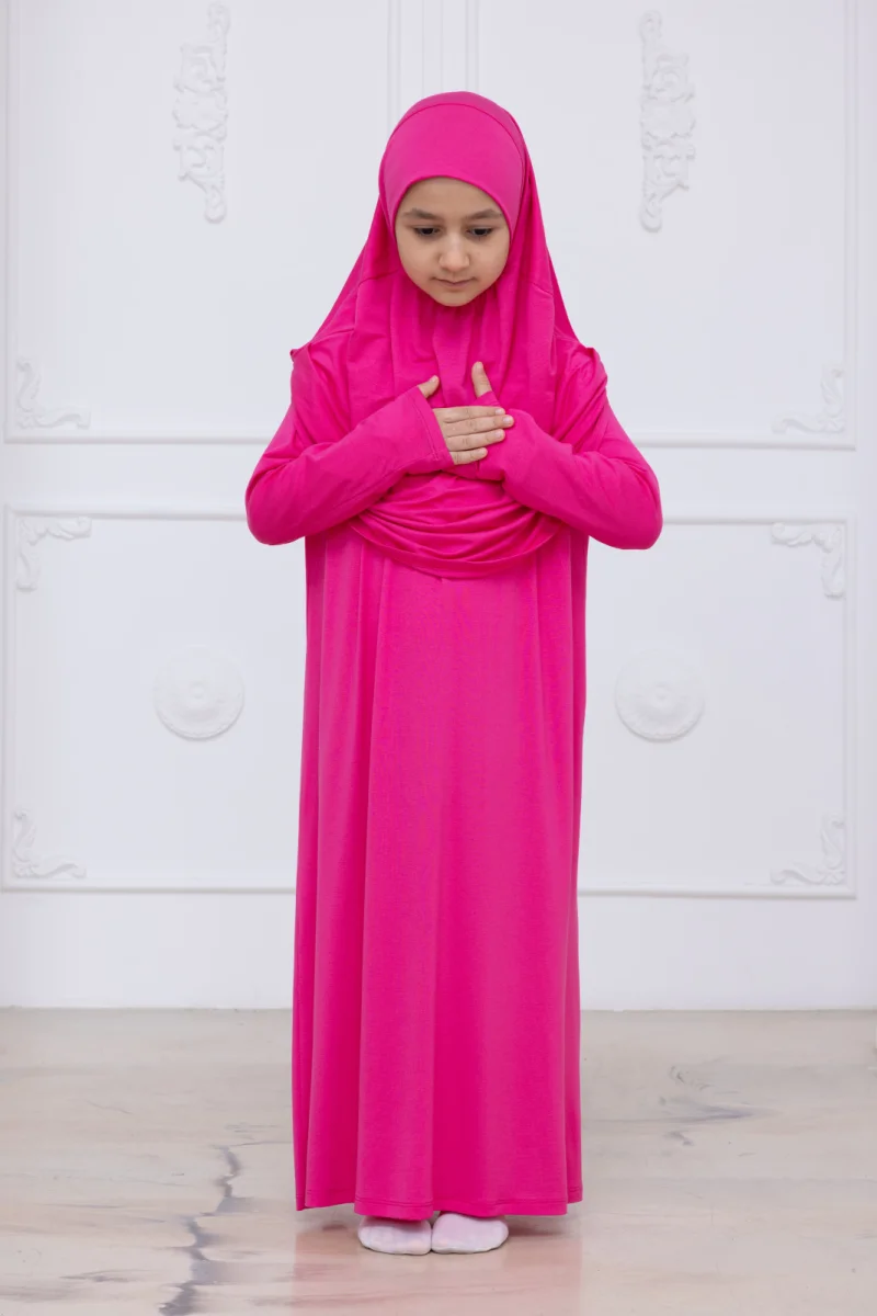 Pratik Başörtülü Çocuk Namaz Elbisesi, Tek Parça Çocuk Namaz Kıyafeti Fuşya - 3
