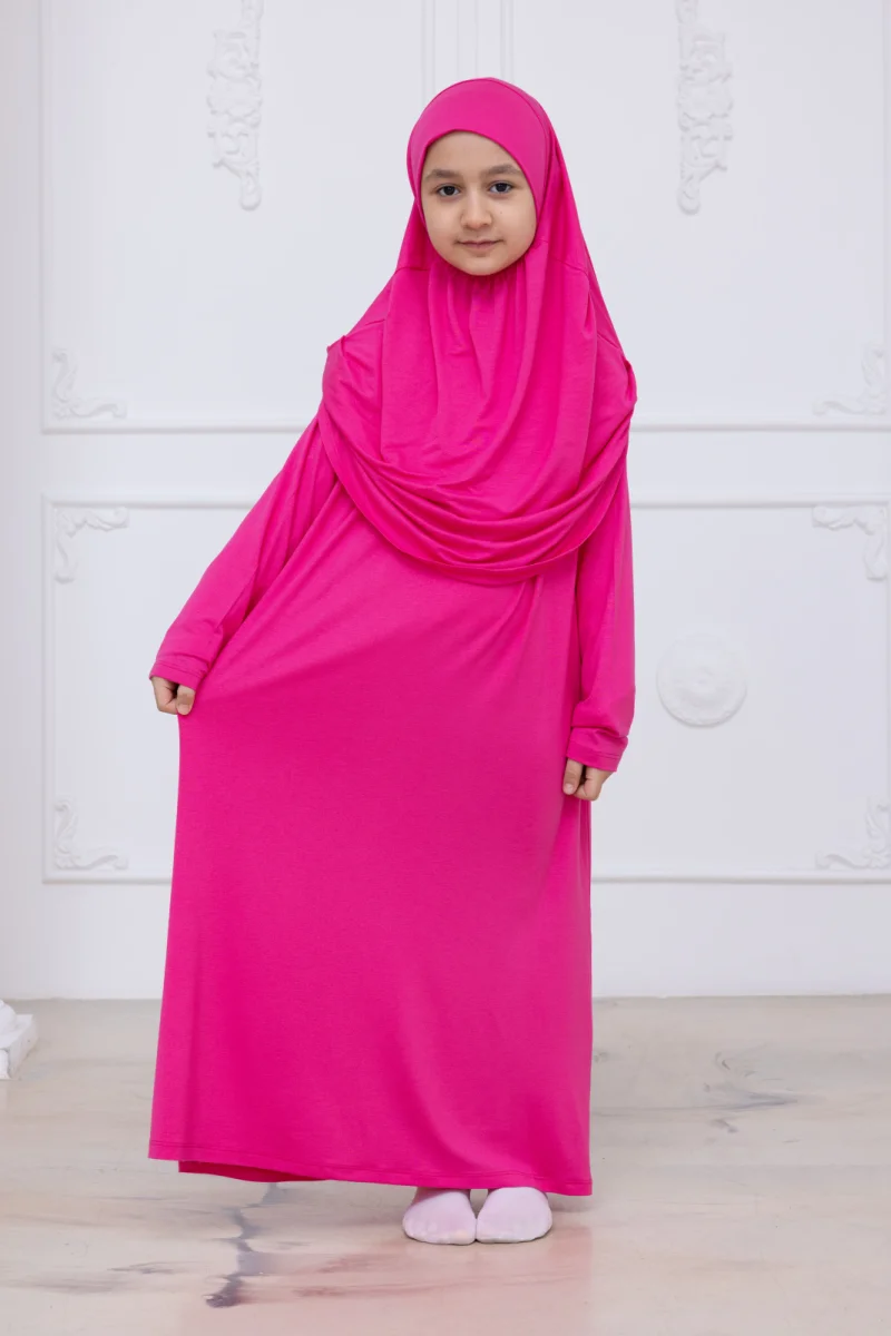 Pratik Başörtülü Çocuk Namaz Elbisesi, Tek Parça Çocuk Namaz Kıyafeti Fuşya - 4