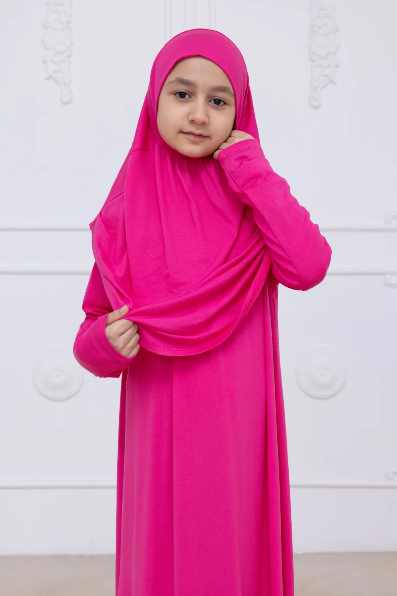 Pratik Başörtülü Çocuk Namaz Elbisesi, Tek Parça Çocuk Namaz Kıyafeti Fuşya - 5