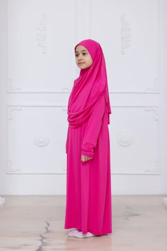 Pratik Başörtülü Çocuk Namaz Elbisesi, Tek Parça Çocuk Namaz Kıyafeti Fuşya - 6