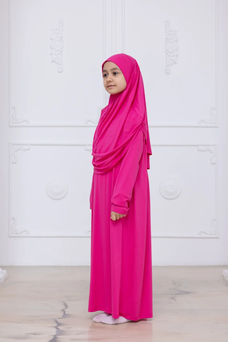 Pratik Başörtülü Çocuk Namaz Elbisesi, Tek Parça Çocuk Namaz Kıyafeti Fuşya - 6