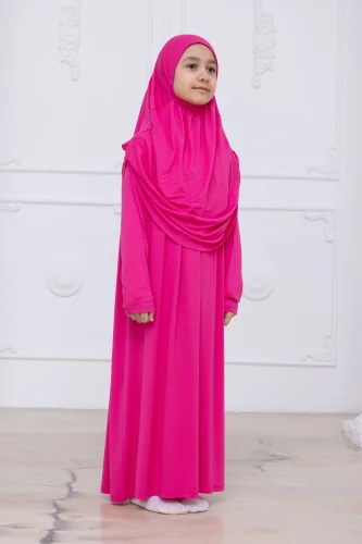 Pratik Başörtülü Çocuk Namaz Elbisesi, Tek Parça Çocuk Namaz Kıyafeti Fuşya - 7