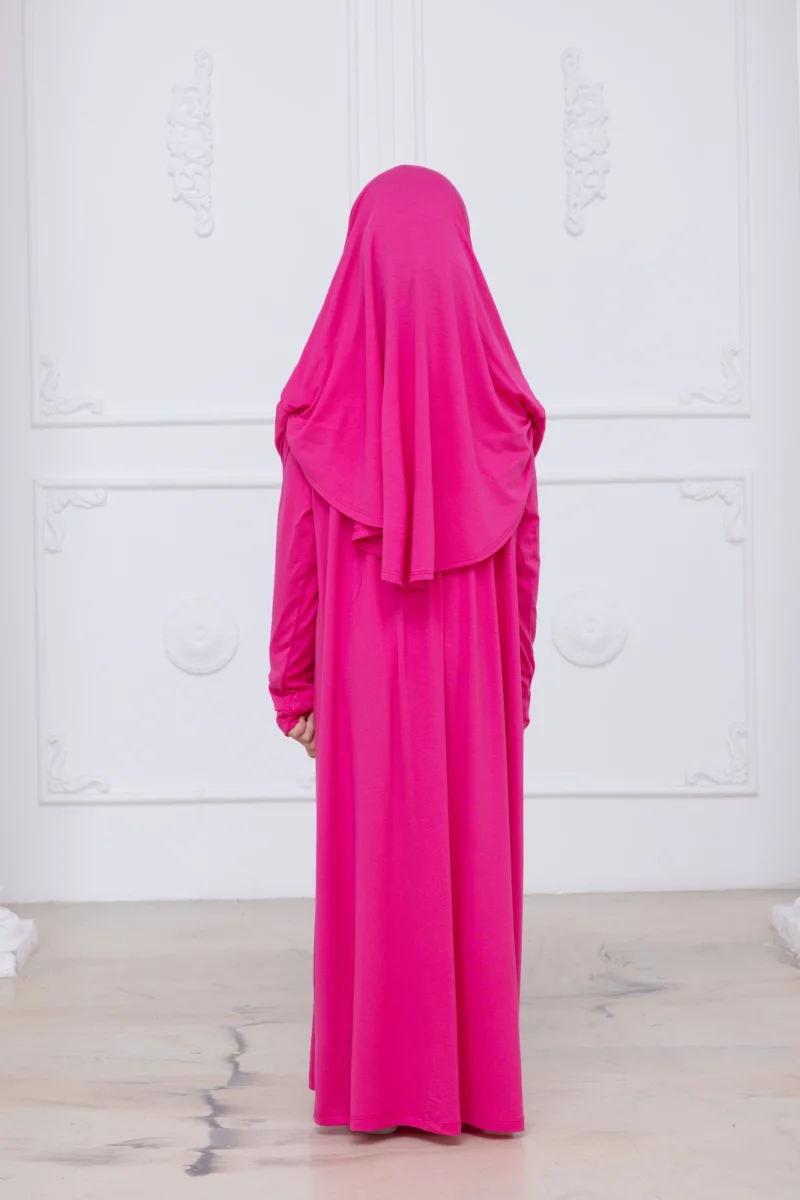 Pratik Başörtülü Çocuk Namaz Elbisesi, Tek Parça Çocuk Namaz Kıyafeti Fuşya - 8