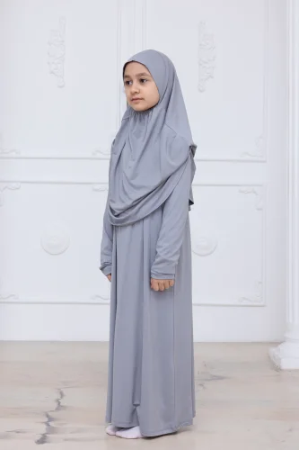 Pratik Başörtülü Çocuk Namaz Elbisesi, Tek Parça Çocuk Namaz Kıyafeti Gri 