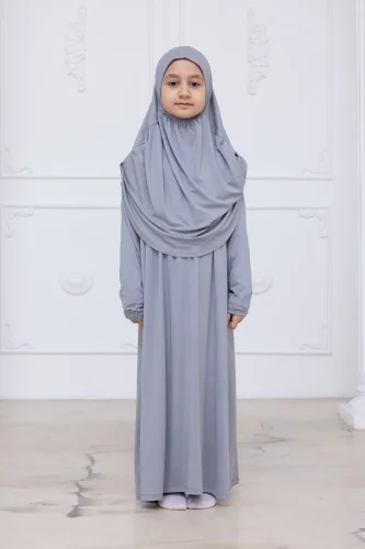 Pratik Başörtülü Çocuk Namaz Elbisesi, Tek Parça Çocuk Namaz Kıyafeti Gri - ihvanonline (1)