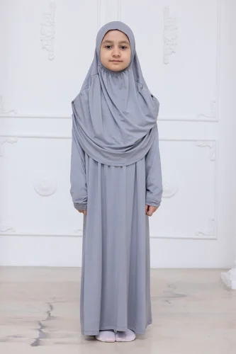Pratik Başörtülü Çocuk Namaz Elbisesi, Tek Parça Çocuk Namaz Kıyafeti Gri - 3