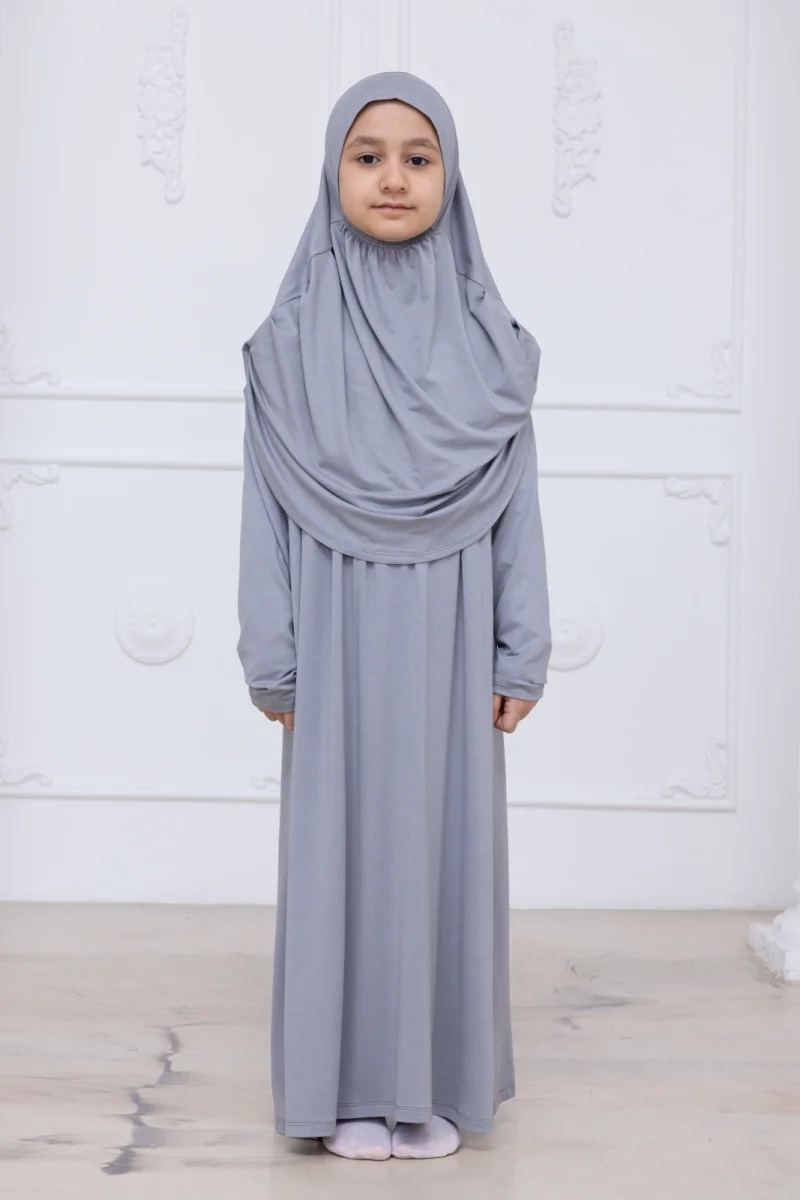 Pratik Başörtülü Çocuk Namaz Elbisesi, Tek Parça Çocuk Namaz Kıyafeti Gri - 3