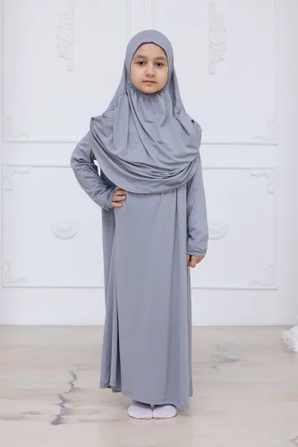 Pratik Başörtülü Çocuk Namaz Elbisesi, Tek Parça Çocuk Namaz Kıyafeti Gri - 4