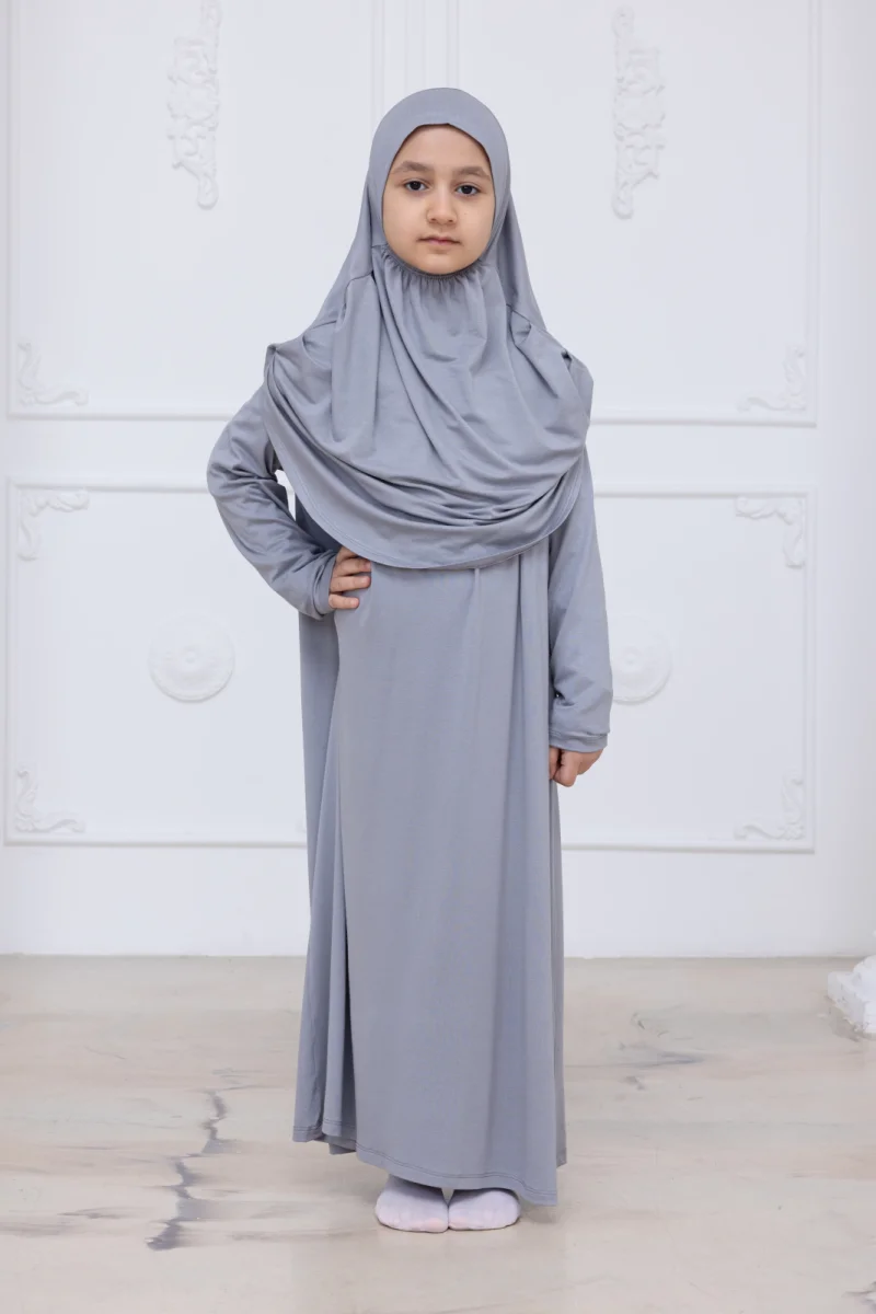 Pratik Başörtülü Çocuk Namaz Elbisesi, Tek Parça Çocuk Namaz Kıyafeti Gri - 4