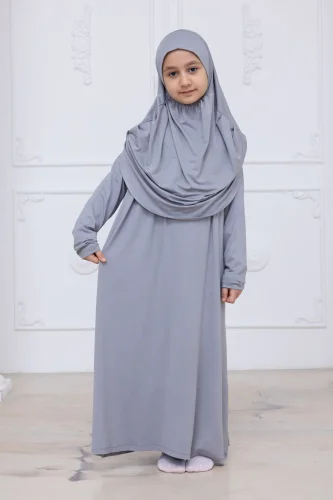 Pratik Başörtülü Çocuk Namaz Elbisesi, Tek Parça Çocuk Namaz Kıyafeti Gri - 5