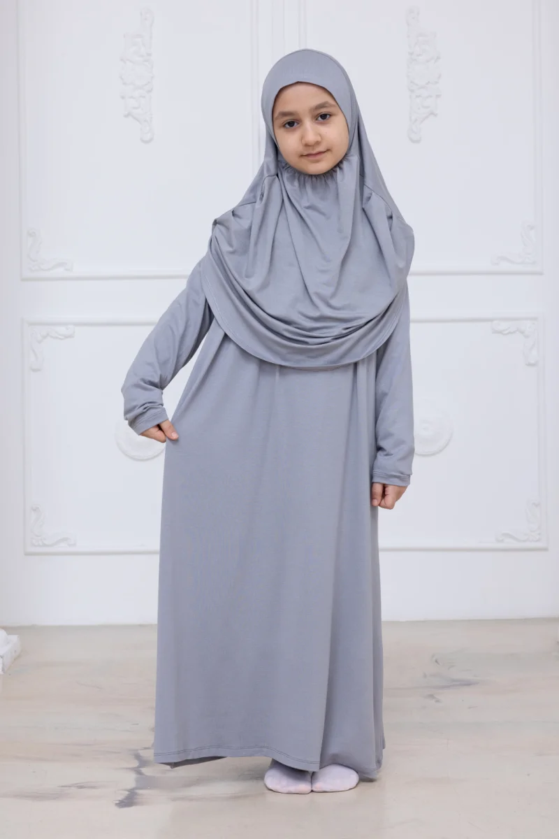 Pratik Başörtülü Çocuk Namaz Elbisesi, Tek Parça Çocuk Namaz Kıyafeti Gri - 5