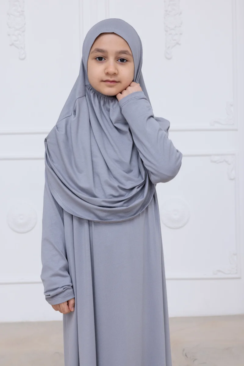 Pratik Başörtülü Çocuk Namaz Elbisesi, Tek Parça Çocuk Namaz Kıyafeti Gri - 6