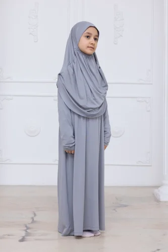 Pratik Başörtülü Çocuk Namaz Elbisesi, Tek Parça Çocuk Namaz Kıyafeti Gri - 7