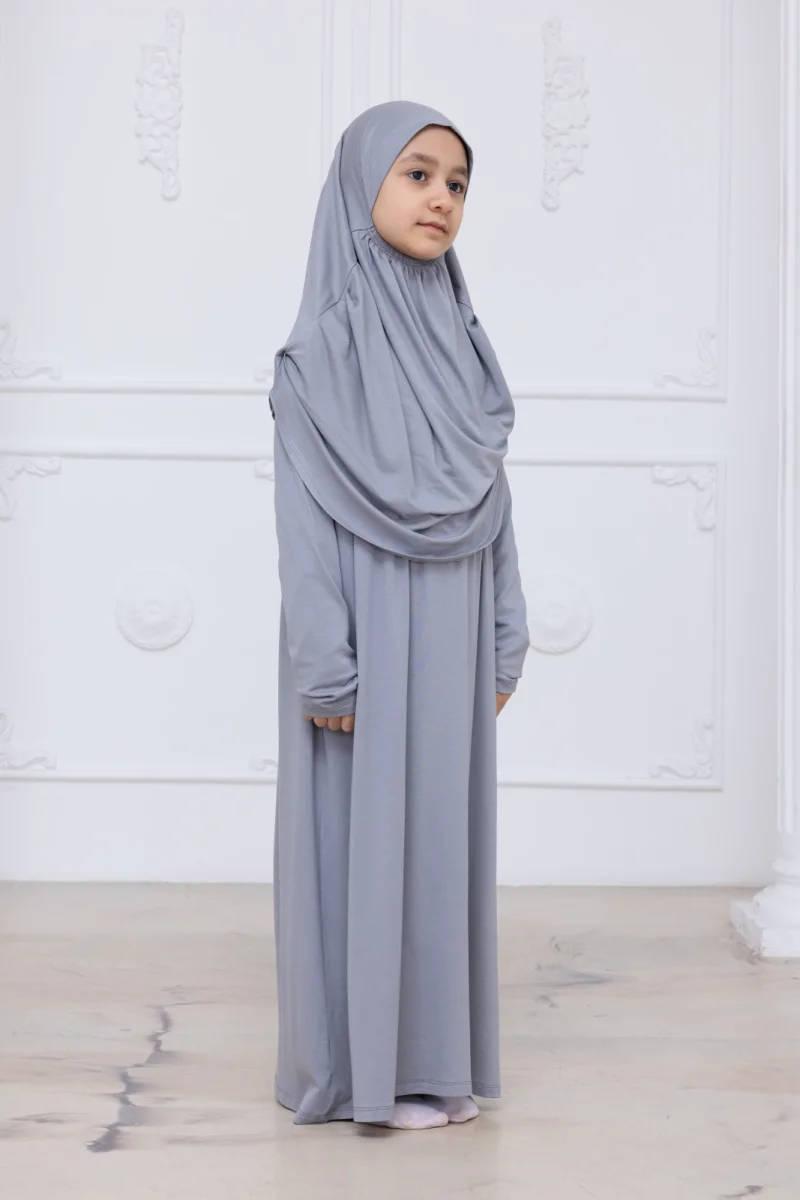 Pratik Başörtülü Çocuk Namaz Elbisesi, Tek Parça Çocuk Namaz Kıyafeti Gri - 7
