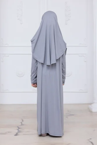 Pratik Başörtülü Çocuk Namaz Elbisesi, Tek Parça Çocuk Namaz Kıyafeti Gri - 8