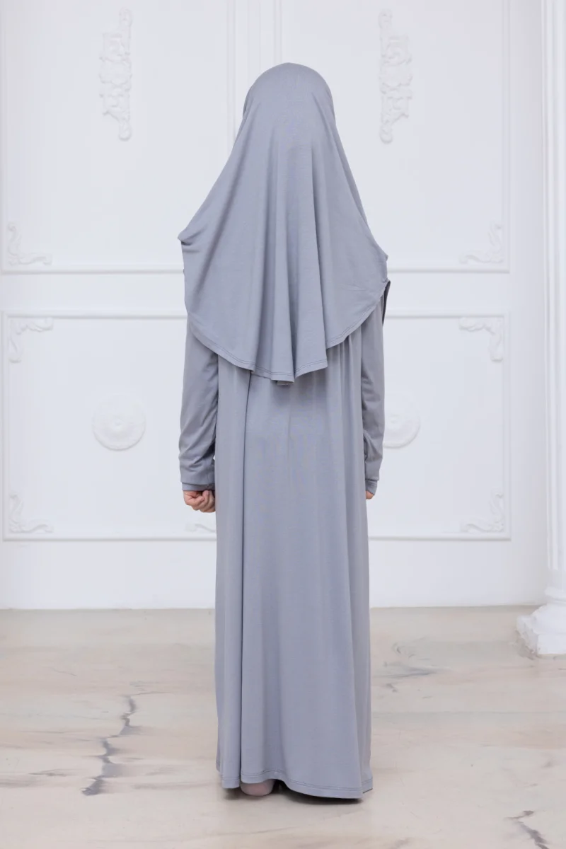 Pratik Başörtülü Çocuk Namaz Elbisesi, Tek Parça Çocuk Namaz Kıyafeti Gri - 8