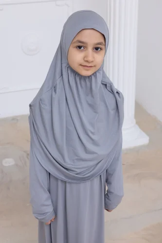 Pratik Başörtülü Çocuk Namaz Elbisesi, Tek Parça Çocuk Namaz Kıyafeti Gri - 9