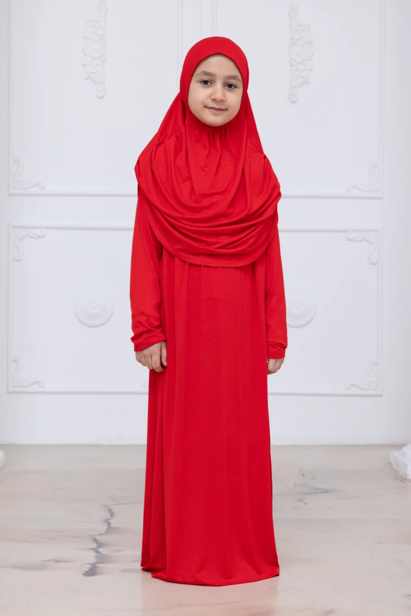 Pratik Başörtülü Çocuk Namaz Elbisesi, Tek Parça Çocuk Namaz Kıyafeti Kırmızı - 1