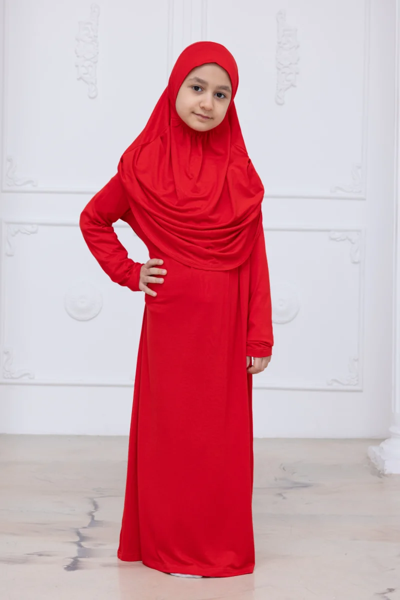 Pratik Başörtülü Çocuk Namaz Elbisesi, Tek Parça Çocuk Namaz Kıyafeti Kırmızı - 2