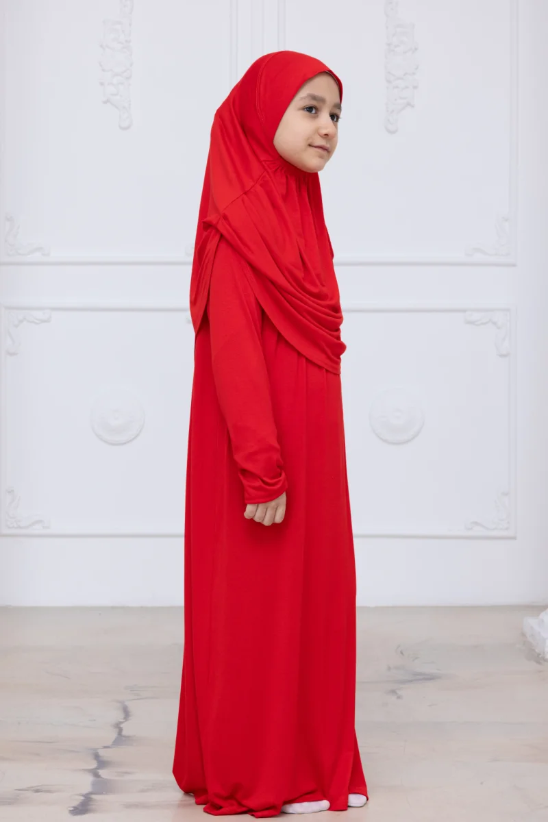 Pratik Başörtülü Çocuk Namaz Elbisesi, Tek Parça Çocuk Namaz Kıyafeti Kırmızı - 3