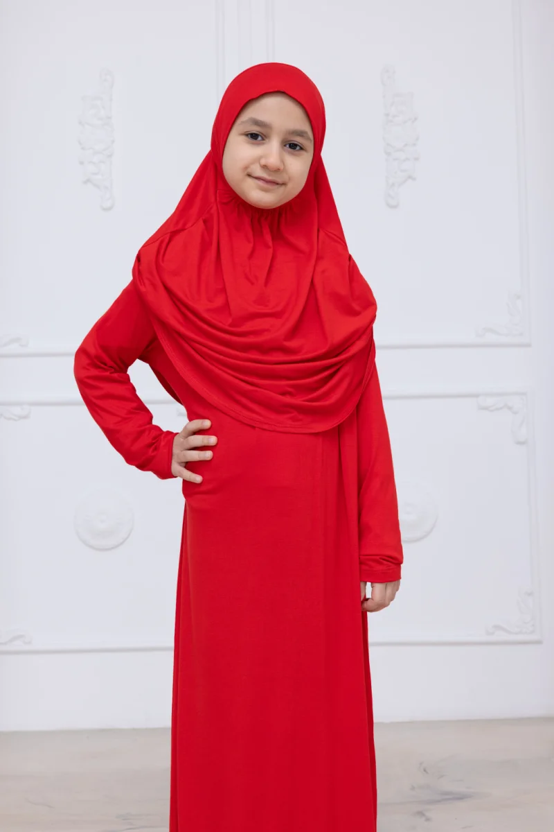 Pratik Başörtülü Çocuk Namaz Elbisesi, Tek Parça Çocuk Namaz Kıyafeti Kırmızı - 4