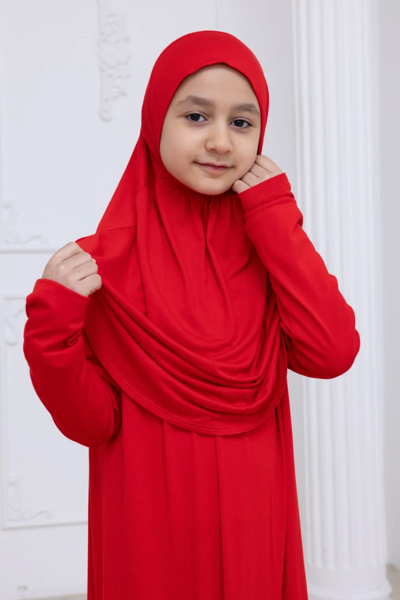 Pratik Başörtülü Çocuk Namaz Elbisesi, Tek Parça Çocuk Namaz Kıyafeti Kırmızı - 6