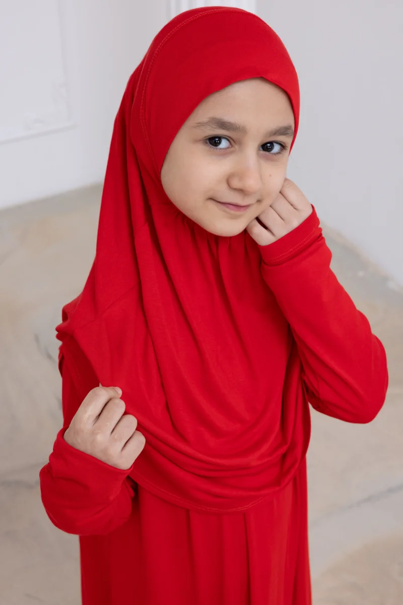 Pratik Başörtülü Çocuk Namaz Elbisesi, Tek Parça Çocuk Namaz Kıyafeti Kırmızı - 7