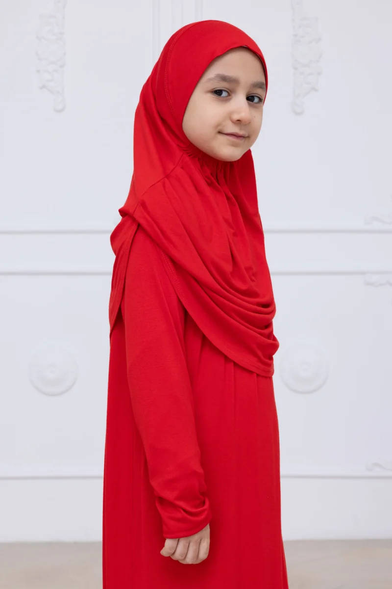 Pratik Başörtülü Çocuk Namaz Elbisesi, Tek Parça Çocuk Namaz Kıyafeti Kırmızı - 8