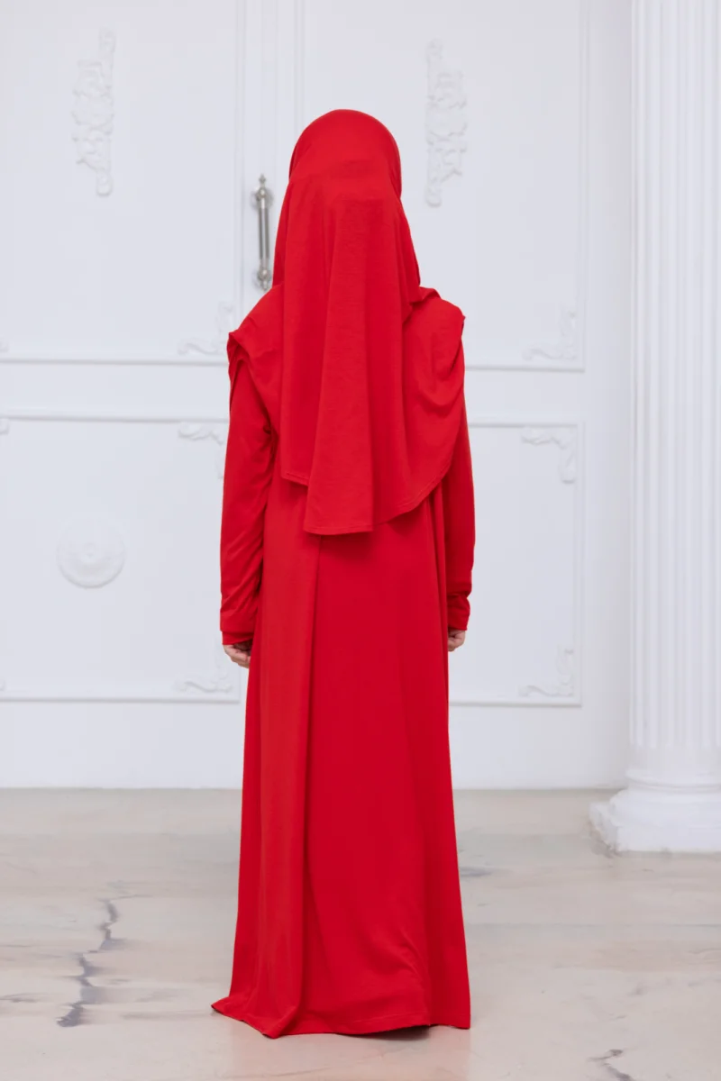 Pratik Başörtülü Çocuk Namaz Elbisesi, Tek Parça Çocuk Namaz Kıyafeti Kırmızı - 9