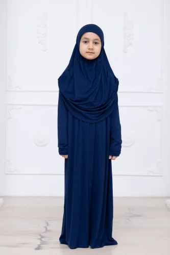 Pratik Başörtülü Çocuk Namaz Elbisesi, Tek Parça Çocuk Namaz Kıyafeti Lacivert 