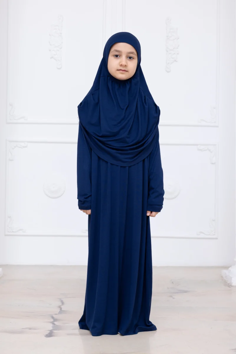 Pratik Başörtülü Çocuk Namaz Elbisesi, Tek Parça Çocuk Namaz Kıyafeti Lacivert - 2